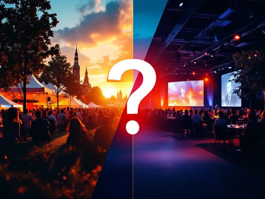 Split-screen van elegant bedrijfsfestival buiten en intiem teamuitje binnen, Amsterdam skyline op achtergrond