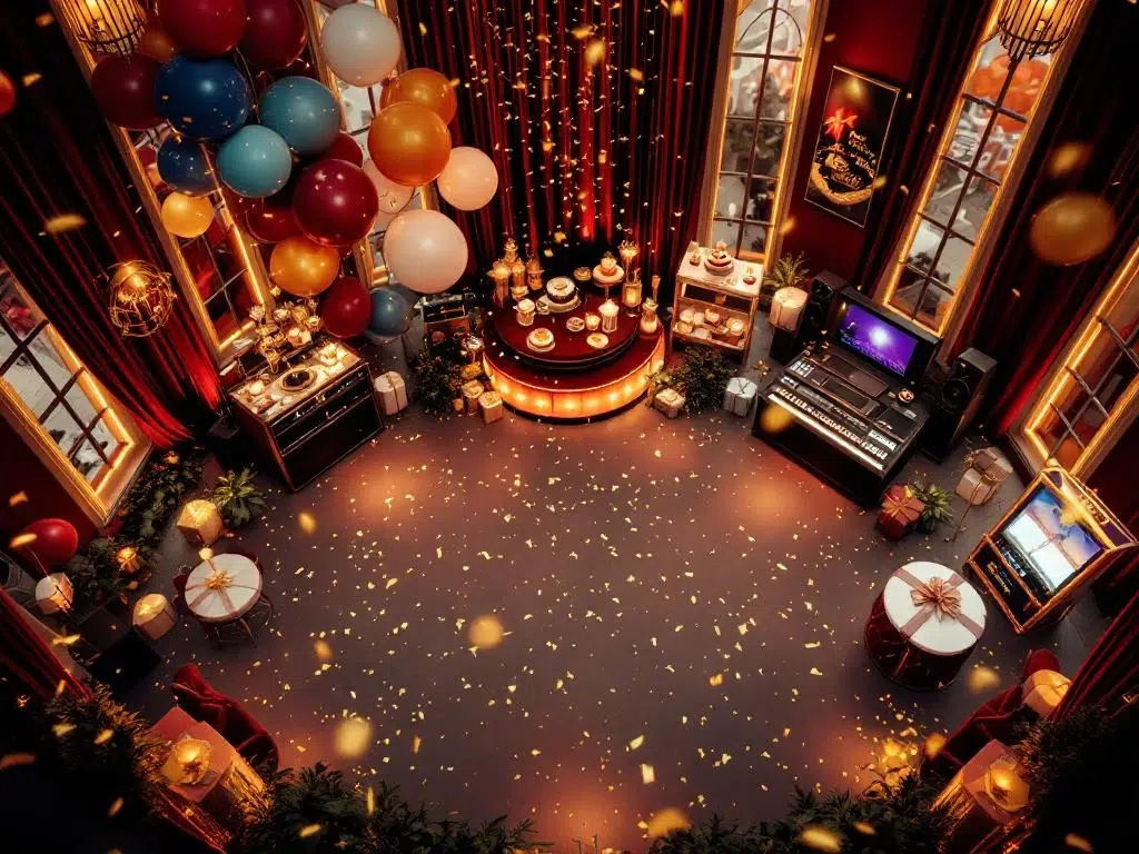 Luxe bedrijfsevenement met ballonnen, champagne, desserts, muziekapparatuur, spelletjes en cadeaus in gouden sfeer