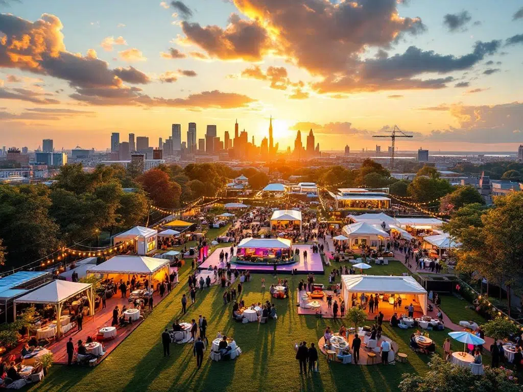 Luchtfoto van levendig bedrijfsfestival met kleurrijke tenten, professionals en Amsterdam skyline op achtergrond