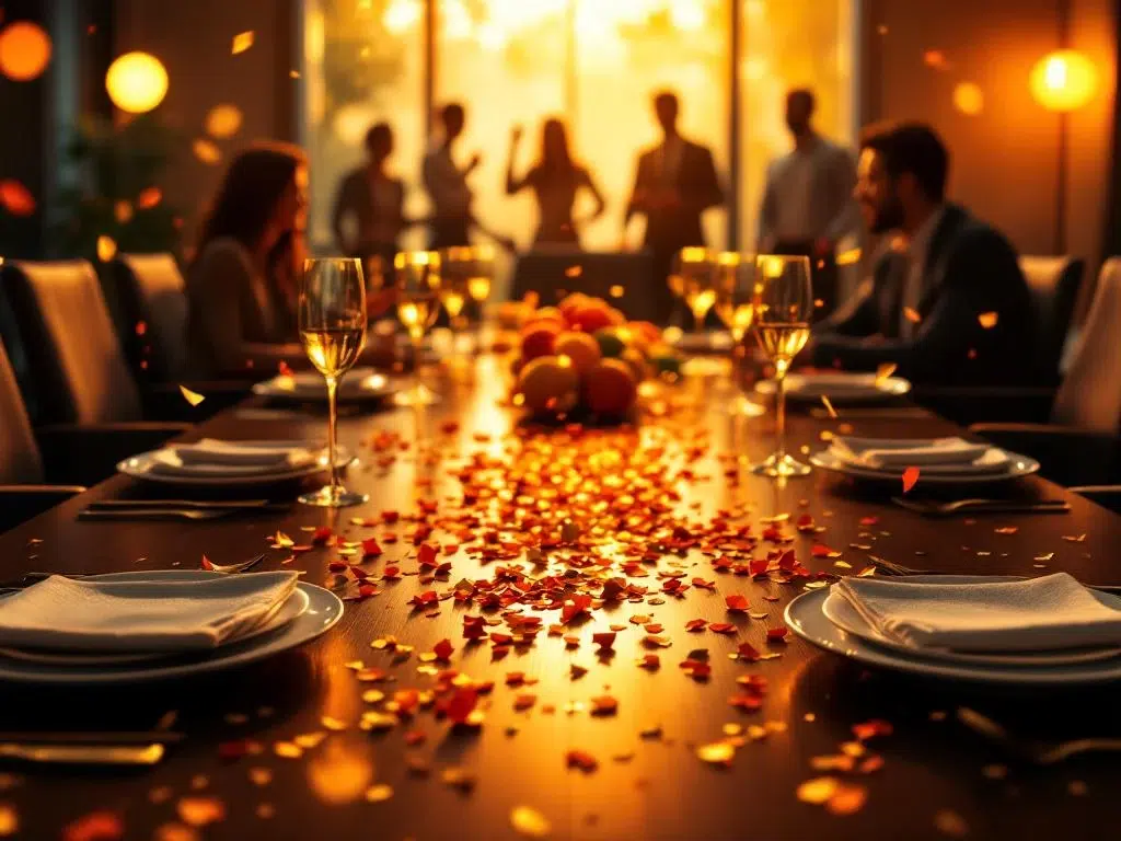 Corporate celebration with champagne glasses, confetti, and balloons on conference table with colleagues in background