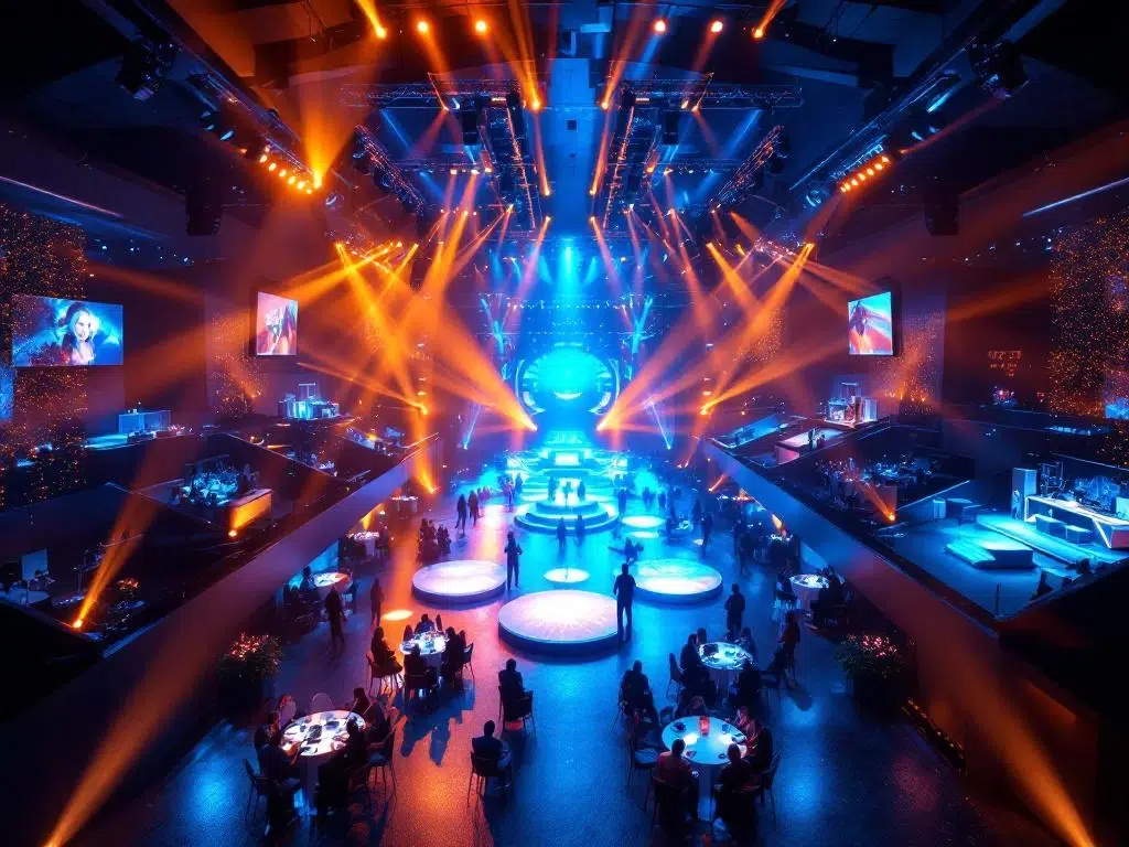 Luchtfoto van luxe bedrijfsfestival in Amsterdam met gouden en blauwe verlichting, podiumopstellingen en premium audioapparatuur