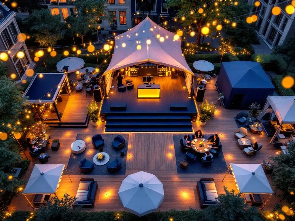 Luxe bedrijfsfestival setup in Amsterdam met moderne tent, professionele verlichting en elegante meubilair tijdens gouden uur