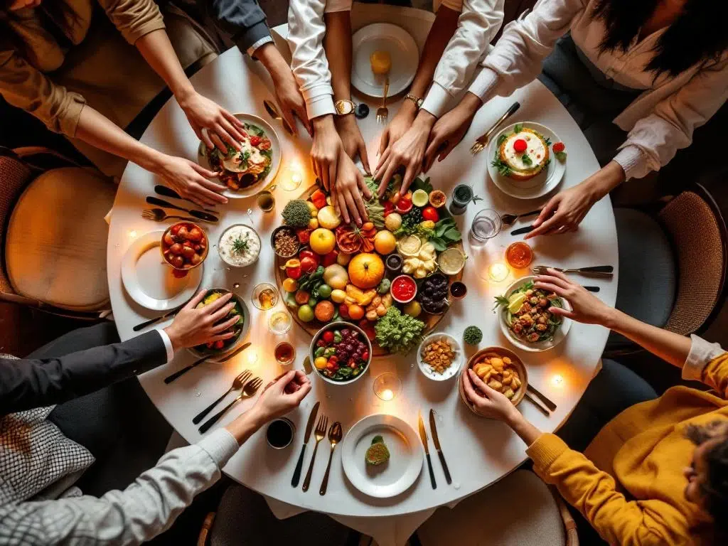 Diverse handen reiken naar centrum van elegante ronde tafel met multiculturele gerechten tijdens inclusief bedrijfsevenement