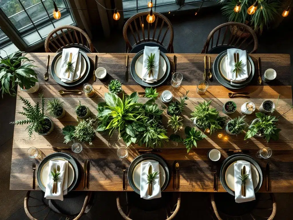 Bovenaanzicht van duurzame bedrijfsfeest opstelling met bamboe servies, planten en hergebruik materialen op gerecycled hout
