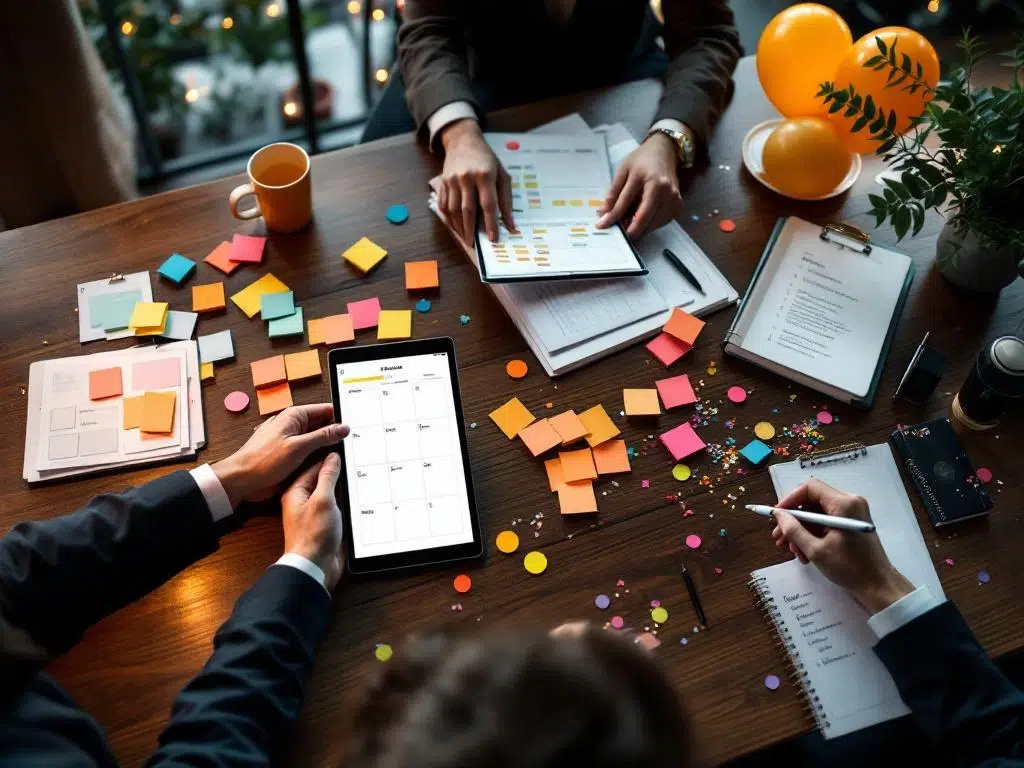 Bovenaanzicht van elegante zakelijke evenementenplanning met kleurrijke notities, tablet en checklists op houten tafel