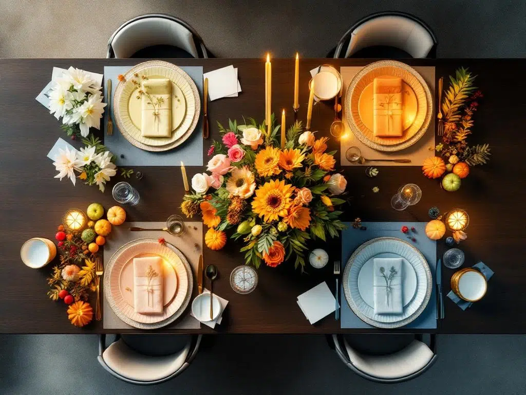 Overhead view of four seasonal event planning setups on dark wooden table with spring, summer, autumn and winter decorations