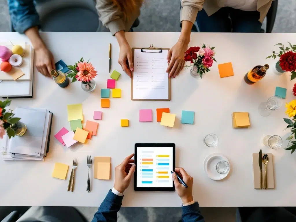 Elegant office party planning setup with organized materials, tablet checklist, flowers, and champagne glasses on modern table.