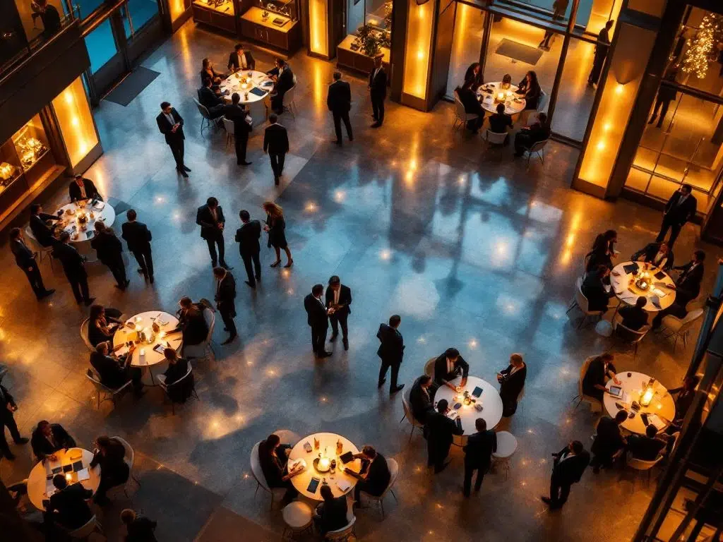 Corporate networking event with professional groups conversing around cocktail tables in elegant venue with warm lighting.
