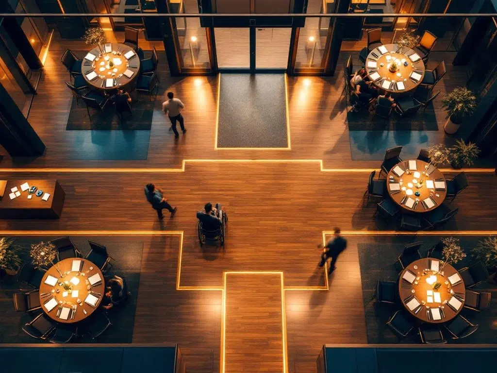 Modern corporate event space with wheelchair-accessible tables, clear pathways, and inclusive features in blue and gold decor.