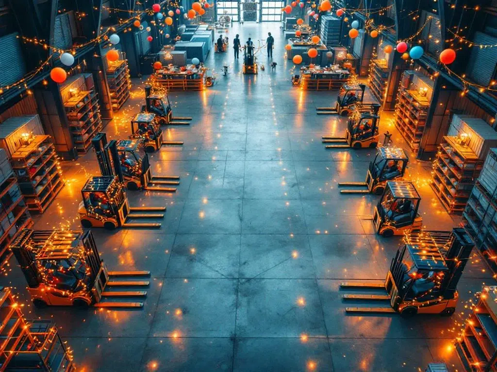Modern warehouse transformed into festive party venue with decorated forklifts, LED-lit shelving, and disco lighting effects.