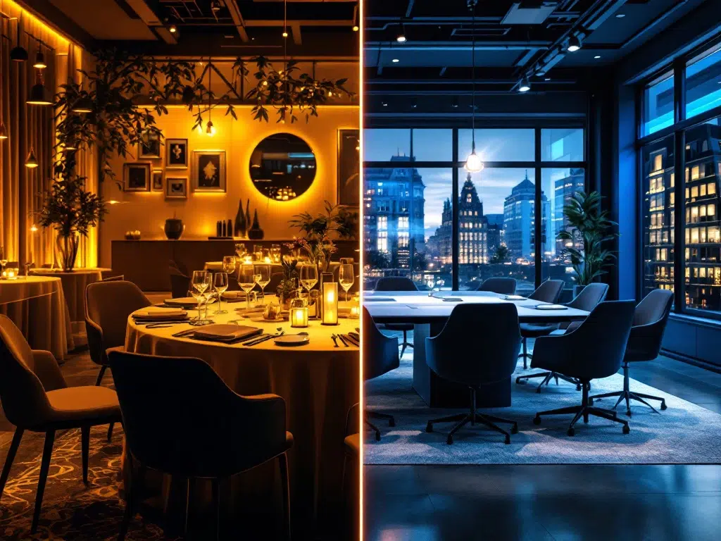 Split-screen van corporate gala met elegante tafels links en moderne boardroom rechts, Amsterdam ramen op achtergrond
