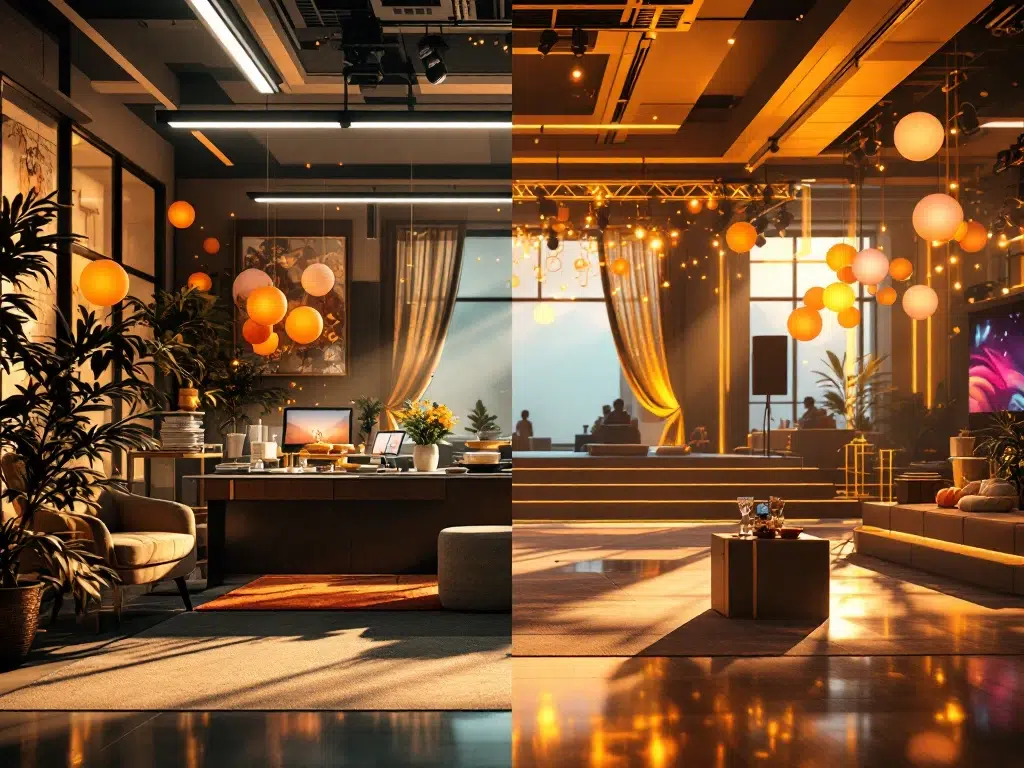 Split-screen comparing simple office break room celebration with elegant corporate event venue featuring professional lighting and decor.
