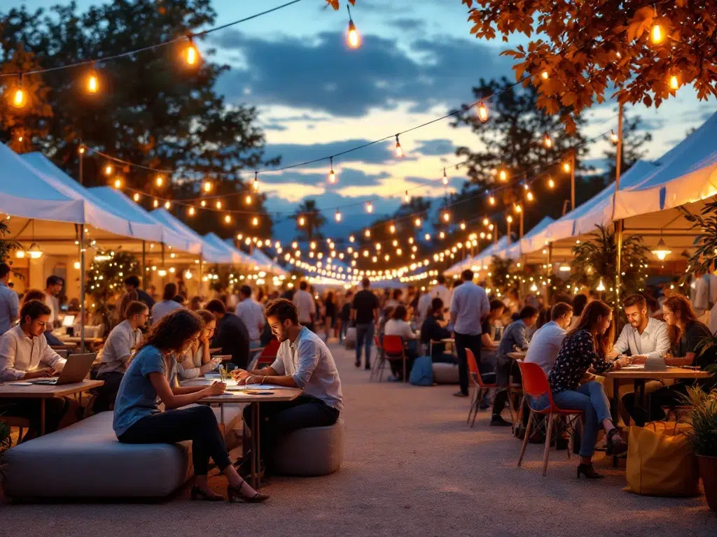 Diverse professionele teams werken samen tijdens bedrijfsfestival met laptops onder sfeerverlichting en kleurrijke banners.