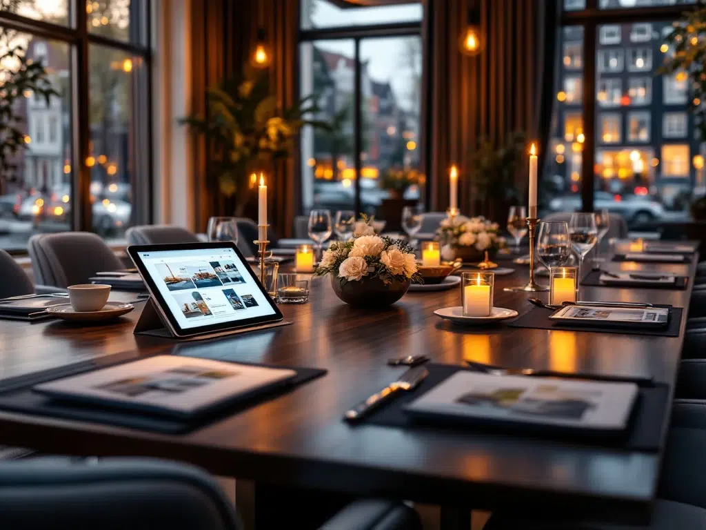 Luxe bestuurskamer met vergadertafel, event planning materialen en Amsterdam kanalen door ramen