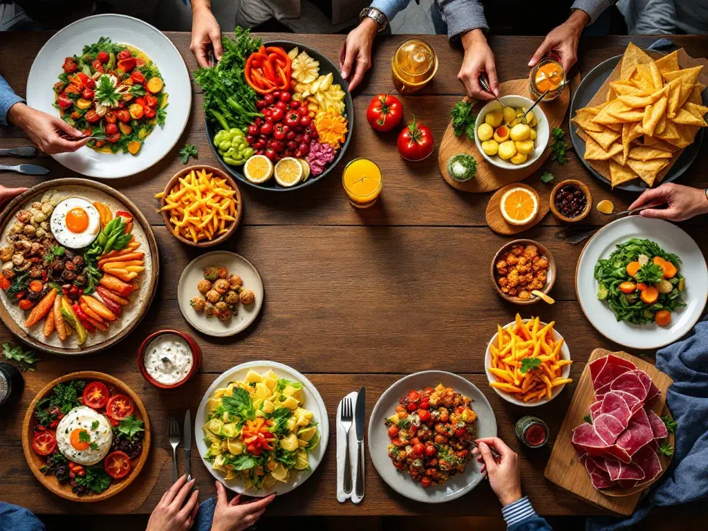 Overzicht van diverse catering opties op houten tafel: foodtrucks, kookstations en internationale gerechten voor bedrijfsevenementen