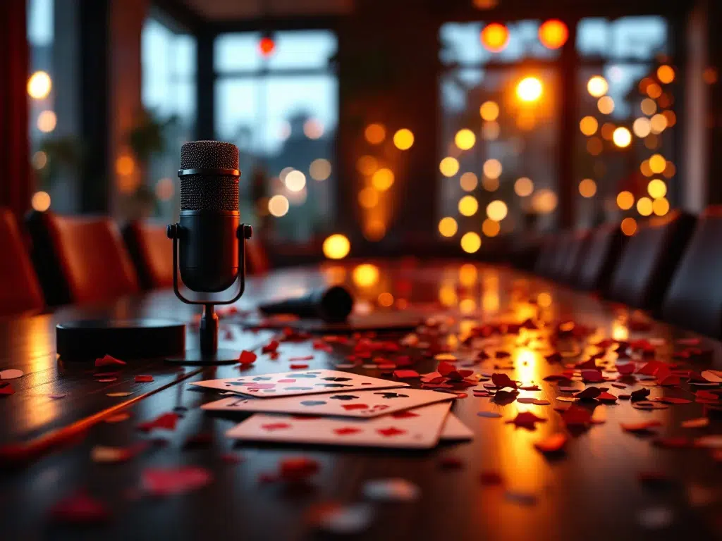 Elegante conferentieruimte met microfoon, speelkaarten en confetti op houten tafel, Amsterdam kantoor op achtergrond