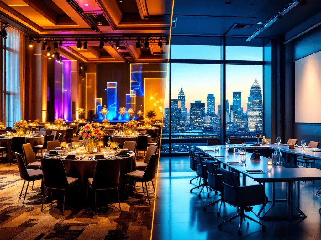 Gesplitst scherm toont links elegant bedrijfsgala met ronde tafels, rechts moderne vergaderzaal met Amsterdam skyline