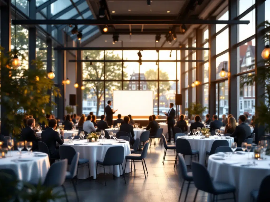 Elegante corporate evenementenlocatie in Amsterdam met ronde tafels, moderne verlichting en uitzicht op grachtenhuizen