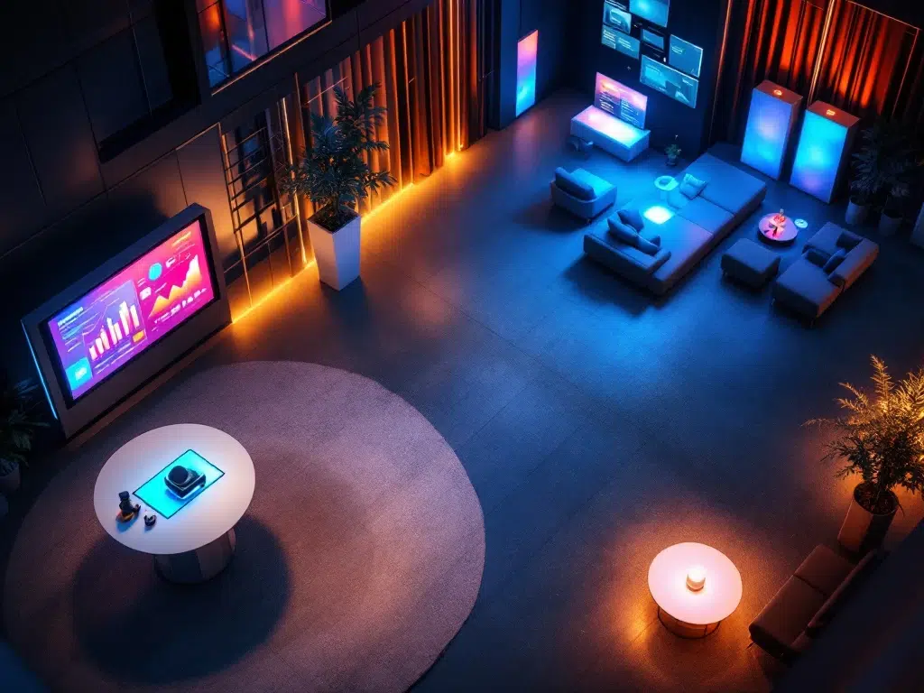 Elegant corporate event space with interactive digital displays, VR station, LED panels, and modern networking lounge area