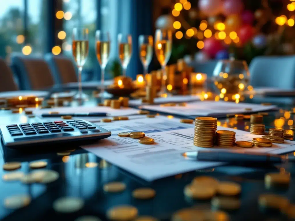 Glass conference table with financial documents, calculator, and gold coins, with champagne glasses and balloons in background.