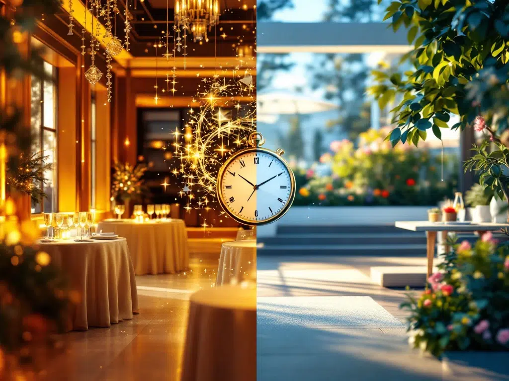 Split-screen corporate event venues: elegant winter indoor setting with golden lighting versus vibrant summer outdoor terrace with greenery