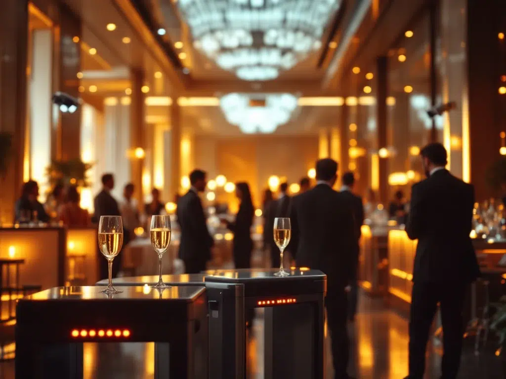 Corporate event venue with security checkpoint, metal detectors, and business professionals in elegant lighting