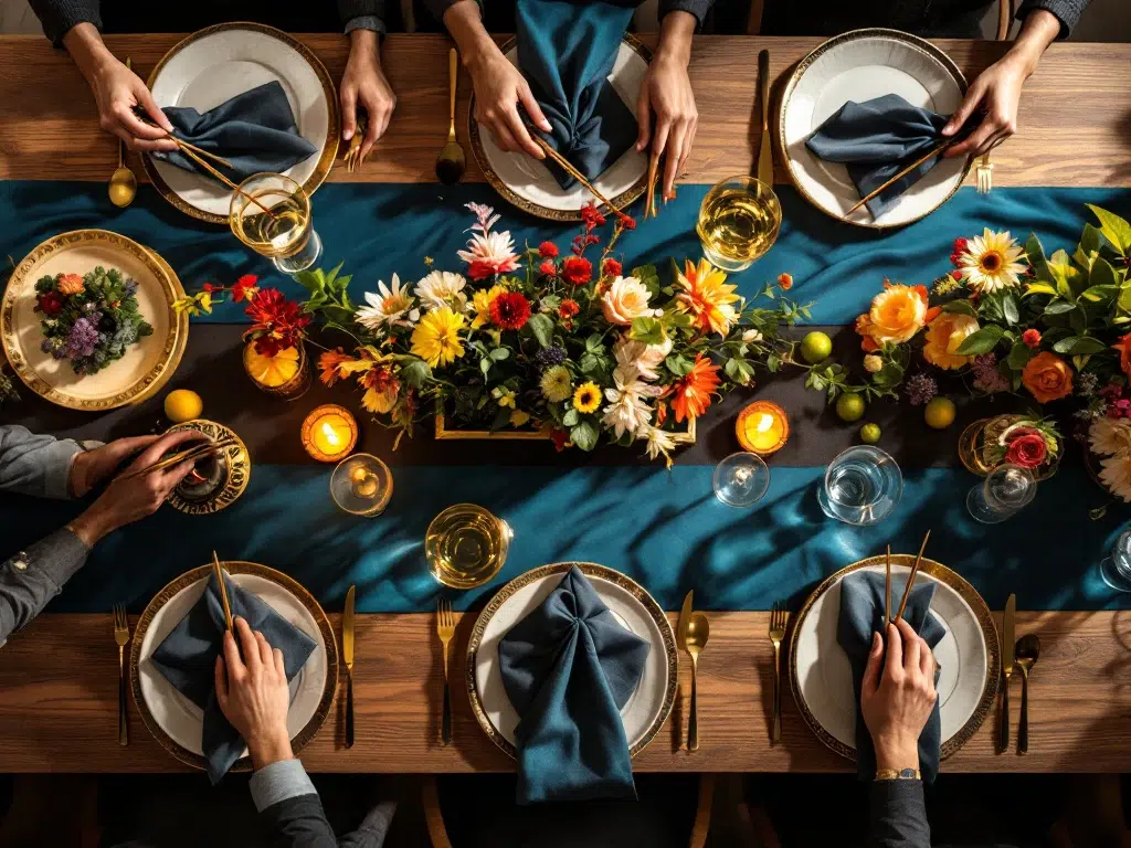 Corporate event table with diverse cultural place settings including chopsticks, varied glassware, and multicultural floral arrangements in elegant overhead view.