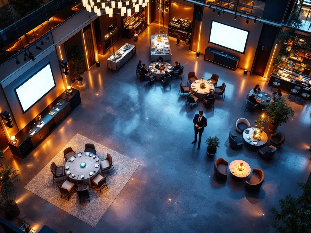 Overhead view of elegant corporate event venue with modern conference room, catering area, lounge seating, and premium amenities