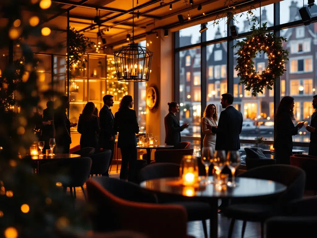 Professional networking meeting in elegant Amsterdam event venue with canal views and modern cocktail tables.
