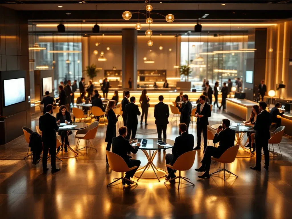 Business professionals networking in modern corporate event space with glass tables and ambient lighting.
