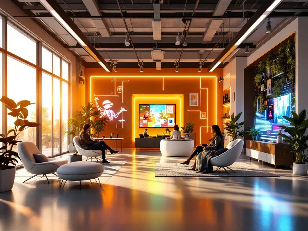 Modern office transformed into five futuristic party zones: VR gaming corner, digital art wall, eco lounge, holographic networking area, wellness zone