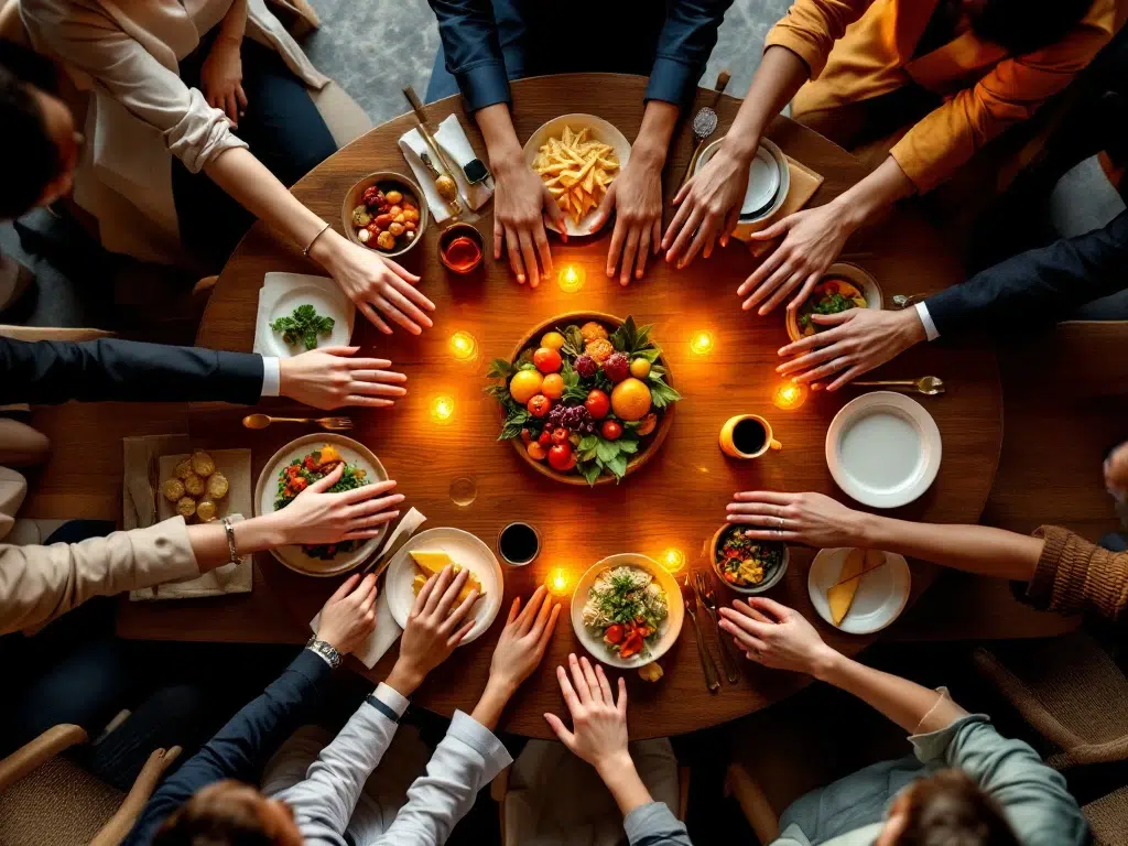 Diverse handen reiken naar het midden van een elegante conferentietafel in modern Amsterdam kantoor met inclusieve inrichting.