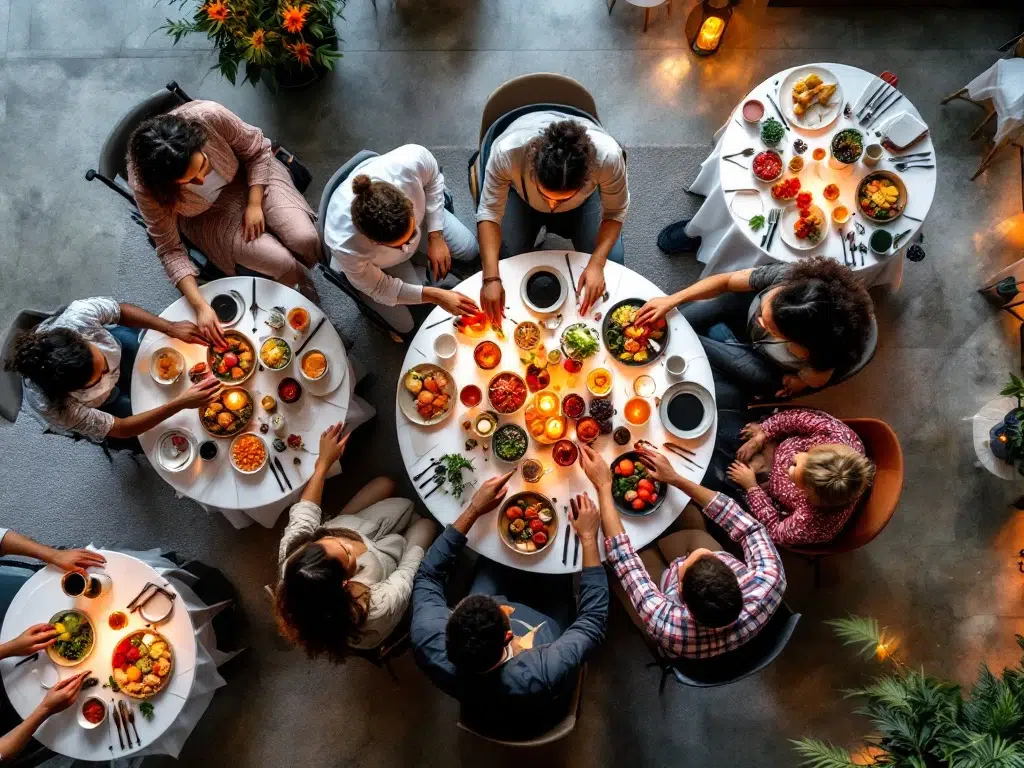 Overhead view van diverse corporate party setup met ronde tafels, internationale hapjes en inclusieve decoratie in Amsterdam venue