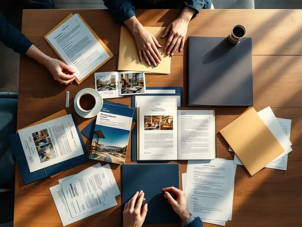 Luchtfoto van conferentietafel met kleurrijke mappen van evenementenbureaus, professionele handen selecteren documenten