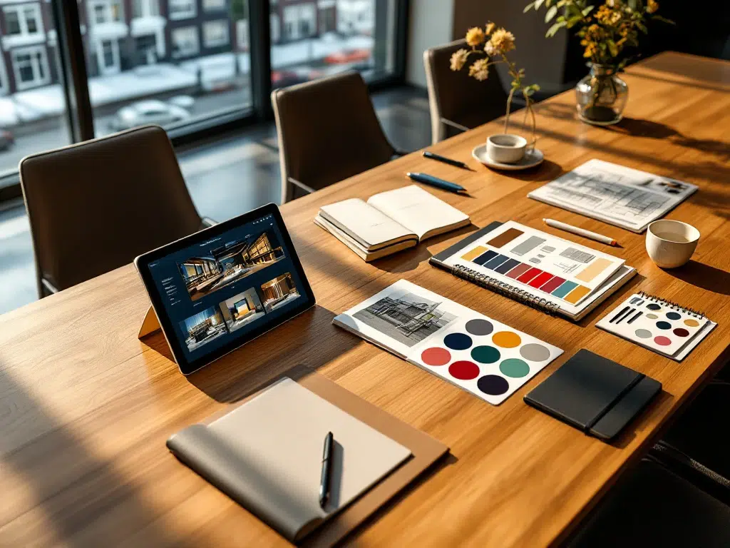 Bovenaanzicht van moderne vergadertafel met event planning materialen, tablets, kleurenstalen en blauwdrukken in Amsterdam kantoor