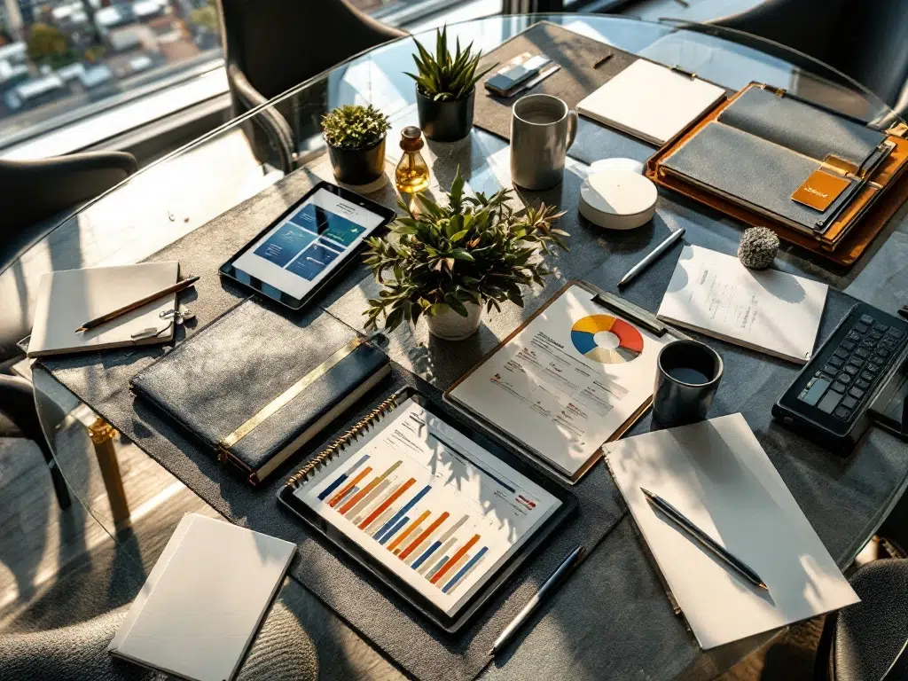 Luchtfoto van moderne vergadertafel met event planning materialen, tablets, notitieblokken en planten in Amsterdam kantoor