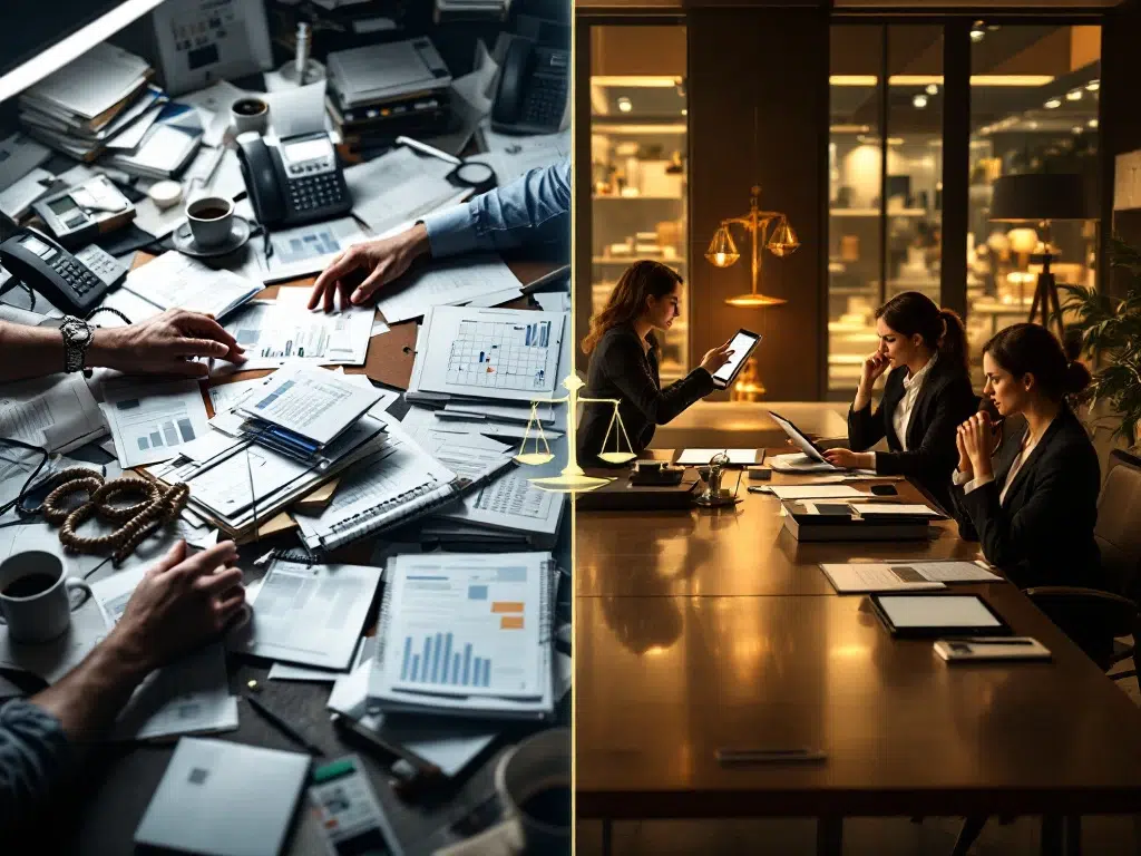 Split-screen showing chaotic cluttered desk versus organized professional event planners collaborating at conference table