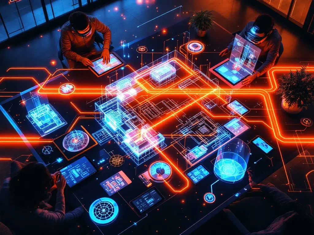 Modern conference table with holographic displays, AR headsets, tablets showing floor plans, and futuristic event planning technology