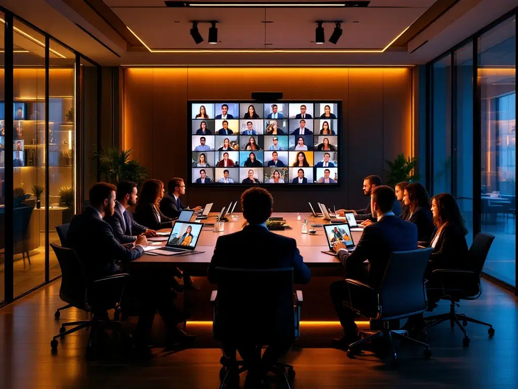 Moderne vergaderruimte met hybride opzet: helft fysieke deelnemers, helft virtuele deelnemers via laptops en tablets