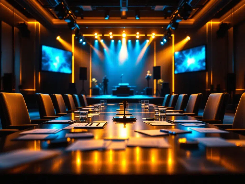 Luxurious corporate boardroom with modern conference table, professional stage lighting, presentation screens and planning documents