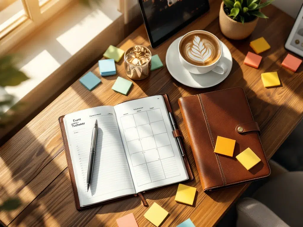 Wooden desk with open leather planner, silver pen, sticky notes, tablet showing timeline, and coffee cup from overhead view.