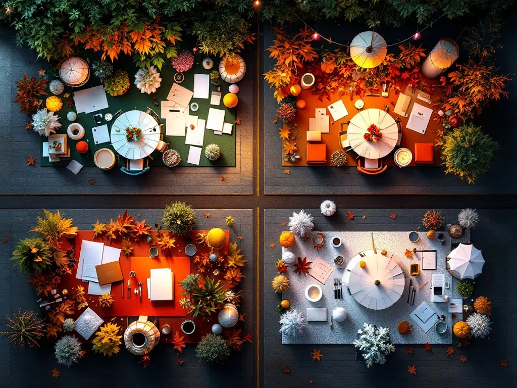 Luchtfoto van vier seizoensgebonden evenementopstellingen: lente, zomer, herfst en winter met professionele planningsdocumenten