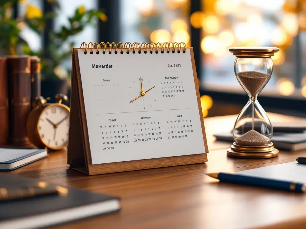 Houten bureau met kalender, analoge klok en zandloper in warme verlichting voor zakelijke planning en tijdbeheer