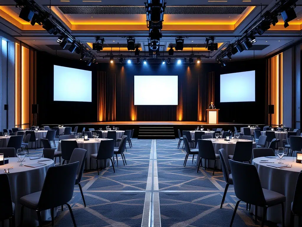 Professionele conferentielocatie met toegankelijkheidsvoorzieningen: rolstoeltoegankelijke opgang, gebarentolk podium en brede gangpaden