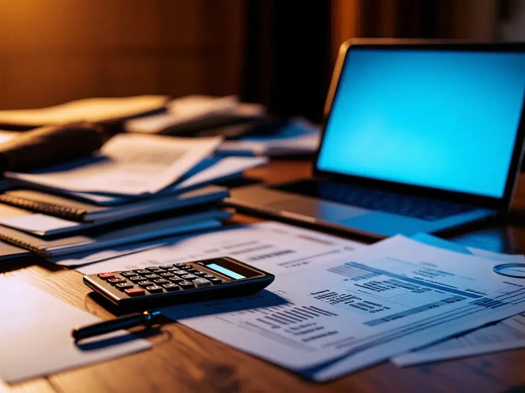 Wooden conference table with financial documents, laptop showing budget spreadsheets, and event planning materials concealing invoices