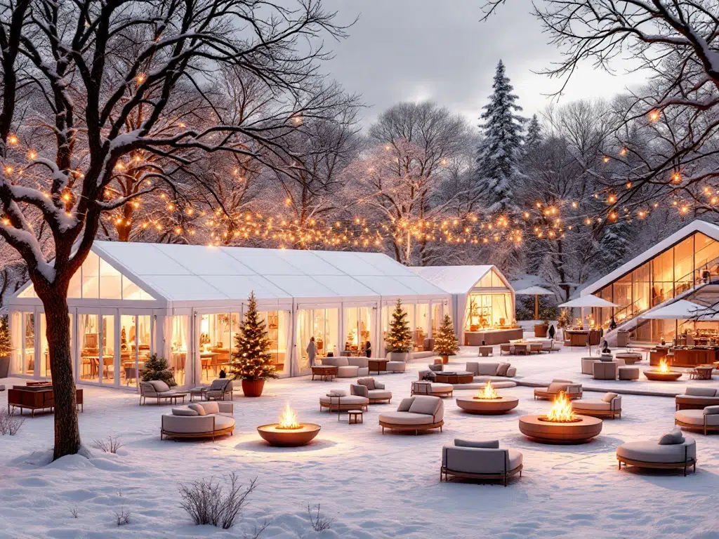 Elegant winter corporate festival with illuminated white tents, fire pits, and golden string lights on snow-covered grounds.