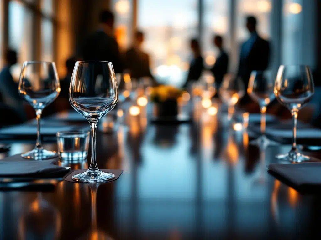 Kristallen wijnglazen en waterglazen op mahonie vergadertafel in corporate boardroom met zakenmensen op achtergrond
