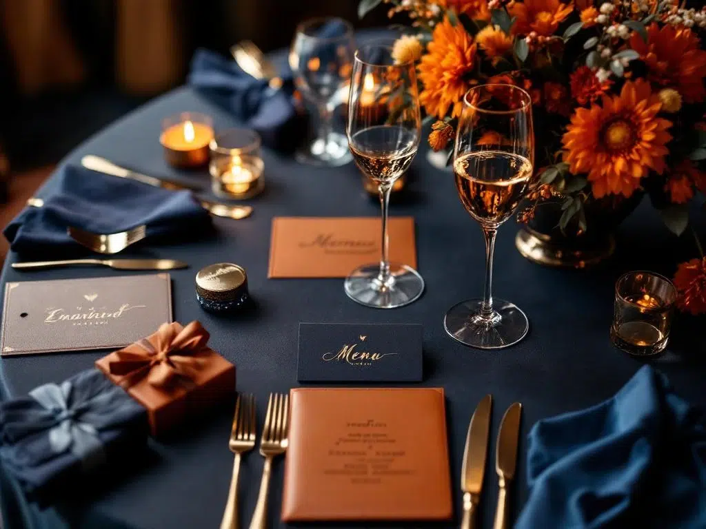 Tafelschikking corporate event met gepersonaliseerde champagneglazen, menukaarten en cadeaudozen in blauw en oranje