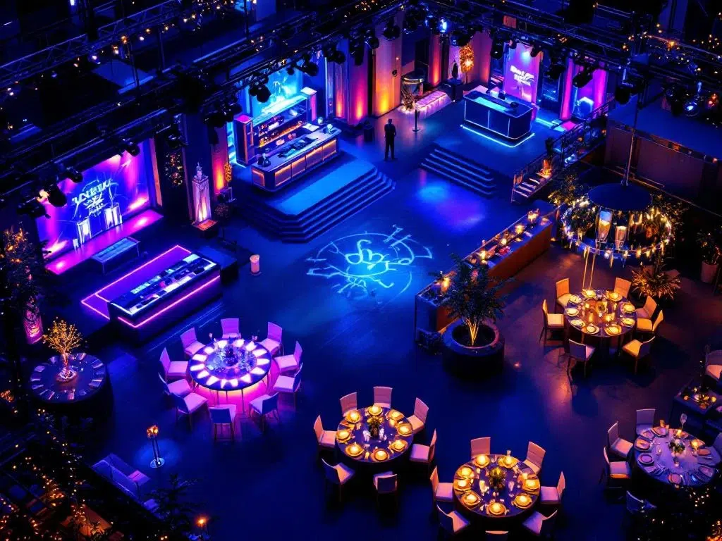 Vogelperspectief van luxe bedrijfsevenement in Amsterdam met DJ-booth, cocktailbar en feestelijke verlichting