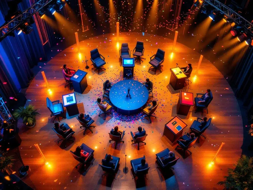 Bovenaanzicht van elegante zakelijke evenementenruimte in Amsterdam met stoelen, confetti en professionele apparatuur